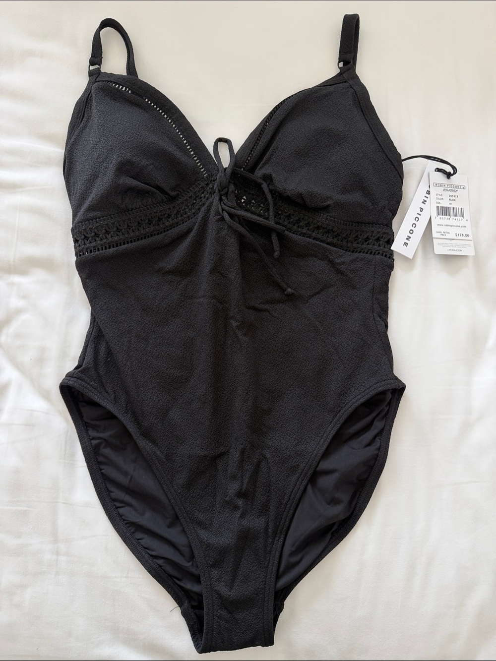 Robin Piccone Black One-Piece Swimsuit with Lace Trim and Front Tie